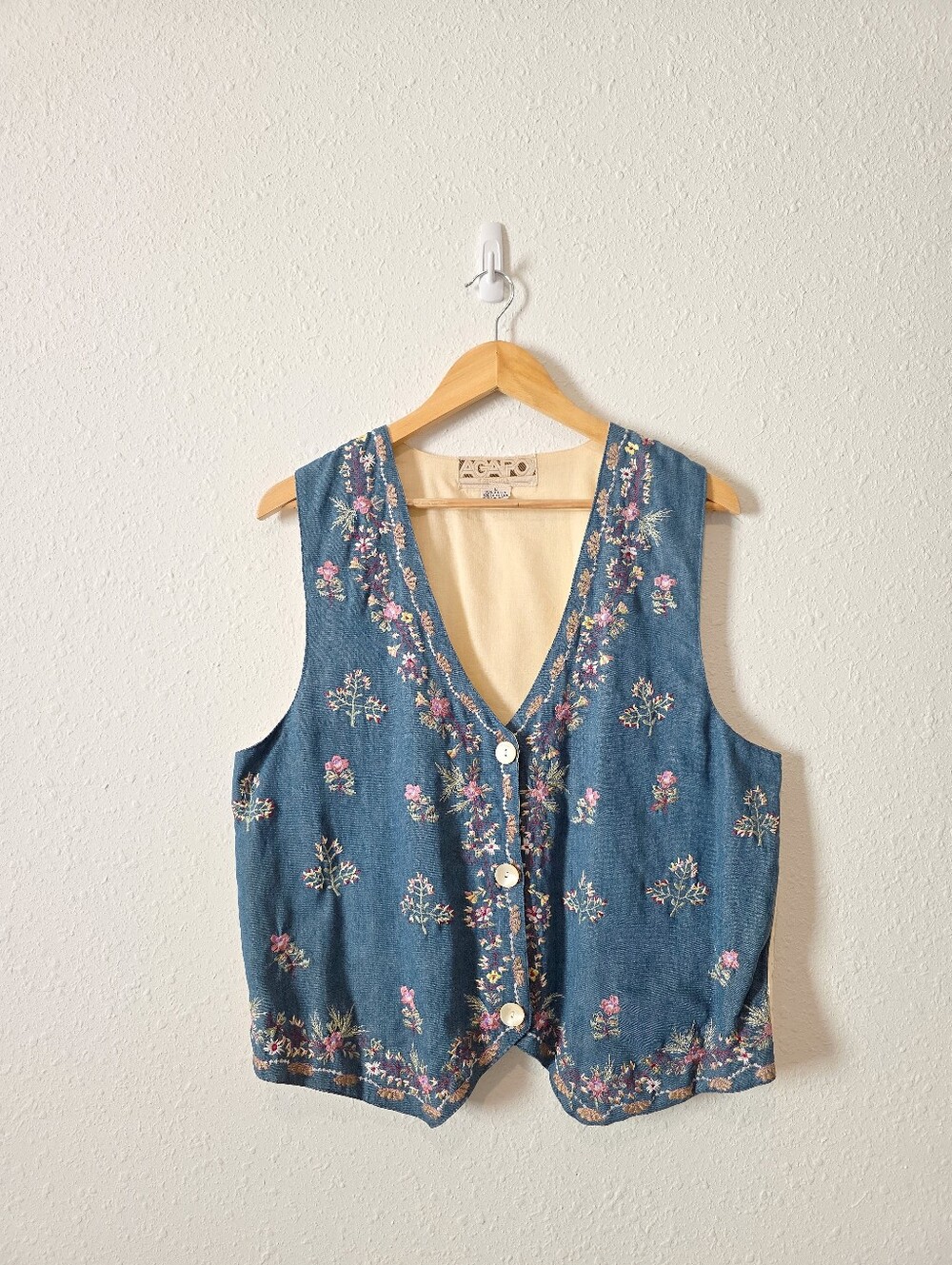 Vintage Floral Embroidered Cotton Button Up Vest L
